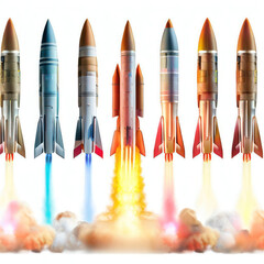 A collection of launched rockets isolated on white background.Generative AI..