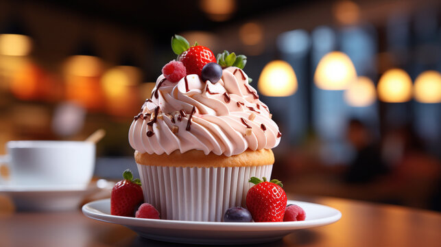 Strawberry cream cupcakes in a gorgeous cafe a food photo