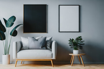 Modern interior with armchair, pillows, plants, table and empty poster in frame with mockup on grey wall. Generative AI.