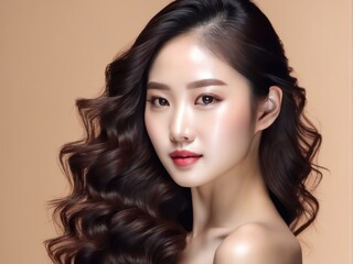 Naklejka premium Young Asian beauty woman with korean makeup style. Perfect skin on isolated beige background.