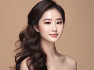 Young Asian beauty woman with korean makeup style. Perfect skin on isolated beige background.