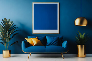 Blue interior with sofa, plants, lamp, pillow and empty poster in frame with copy space. Generative AI.