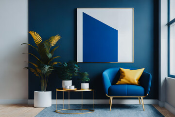 Cozy room with blue armchair, table, plant, window, wooden floor and empty poster in frame with mockup. Generative AI.