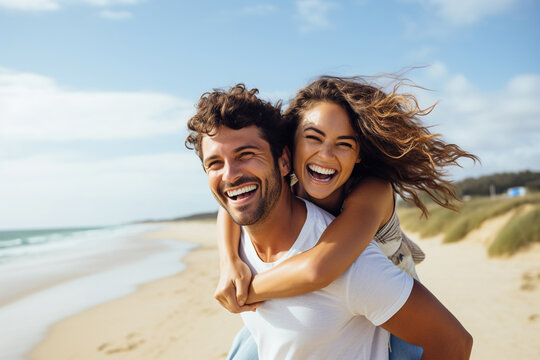 Couple enjoys a piggyback ride at the beach in summer