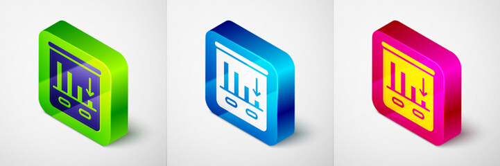 Isometric Pie chart infographic icon isolated on grey background. Diagram chart sign. World finance crisis. Square button. Vector