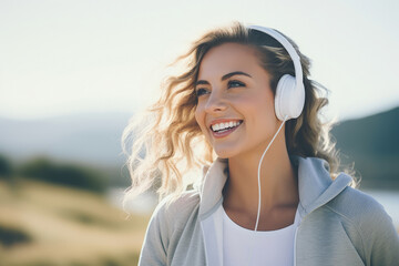 Caucasian sports woman listening to music on headphones outdoors - Powered by Adobe
