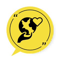 Black Human hand holding Earth globe icon isolated on white background. Save earth concept. Yellow speech bubble symbol. Vector