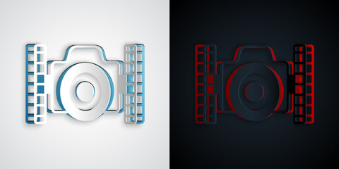 Paper cut Photo camera for diver icon isolated on grey and black background. Foto camera icon. Diving underwater equipment. Paper art style. Vector