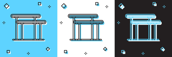 Set Gymnastics equipment uneven bars icon isolated on blue and white, black background. Vector