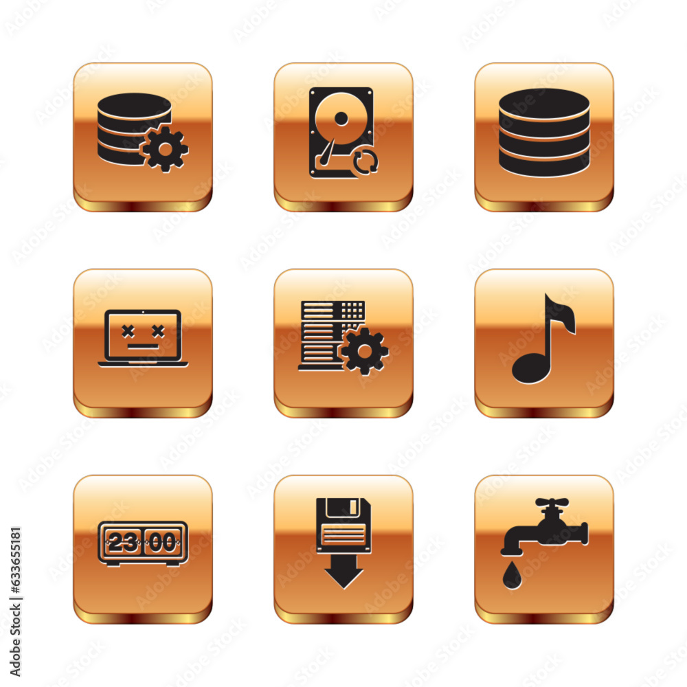 Poster set setting database server, retro flip clock, floppy disk backup, server setting, dead laptop and d