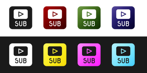 Set Video with subtitles icon isolated on black and white background. Vector