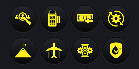 Set Mountains and flag, Gear arrows as workflow, Plane, Hourglass gear, Cash back and POS terminal icon. Vector