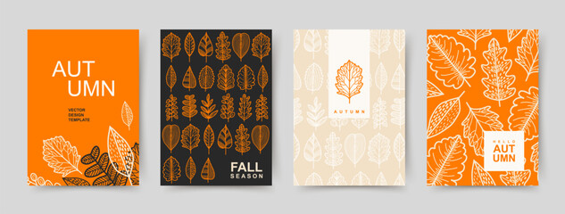 Set of trendy minimal autumn card. Modern abstract art design with fall beautiful leaves. Templates for advertising, celebration, branding, banner, cover, label, poster, sale, social media 