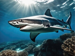 Fototapeta premium Ocean shark bottom view from below. Open toothy dangerous mouth