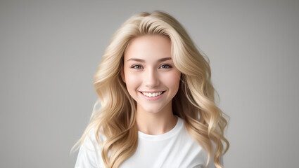 Fototapeta premium Portrait of happy teen female with blonde, wavy hair smiling at camera. Isolated background with mockup. Generative AI.