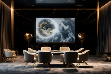 Illustration of a conference room with a large screen tv projection, chairs, planet images on the screen or add your own 