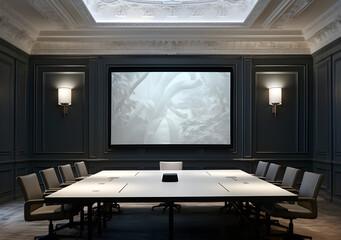 Illustration of a conference room with a large screen tv projection, chairs 