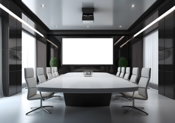 Illustration of a conference room with a large screen tv projection, chairs 