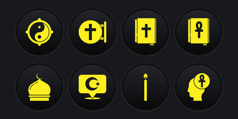 Set Muslim Mosque, Cross ankh book, Star and crescent, Burning candle, Holy bible, Christian cross, and Yin Yang icon. Vector