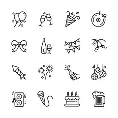 christmas, new year , happy celebration, party thin line icons set, such as music, gift, firework, confetti, food and wine. isolated vector illustration