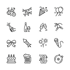 christmas, new year , happy celebration, party thin line icons set, such as music, gift, firework, confetti, food and wine. isolated vector illustration