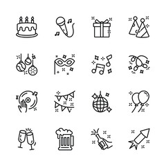 christmas, new year , happy celebration, party thin line icons set, such as music, gift, firework, confetti, food and wine. isolated vector illustration