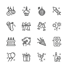 christmas, new year , happy celebration, party thin line icons set, such as music, gift, firework, confetti, food and wine. isolated vector illustration