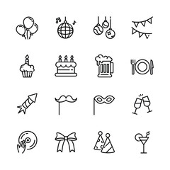 christmas, new year , happy celebration, party thin line icons set, such as music, gift, firework, confetti, food and wine. isolated vector illustration