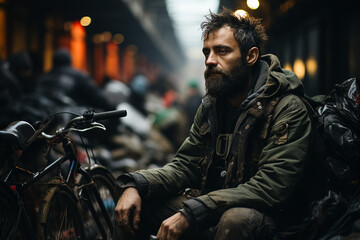 Obraz premium Sad white homeless man sits on the street of big city, dark background