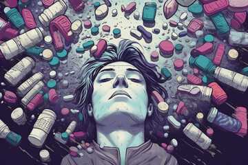 Illustration of man junkie with pills and drugs around