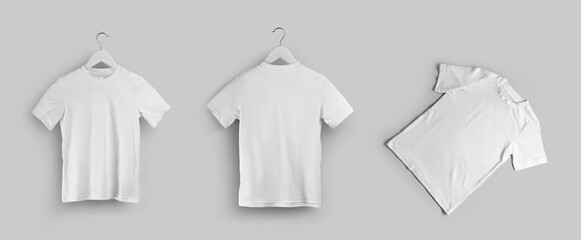 Mockup of white t-shirt on hanger, presentation of cotton shirt front, back, diagonally for design,...