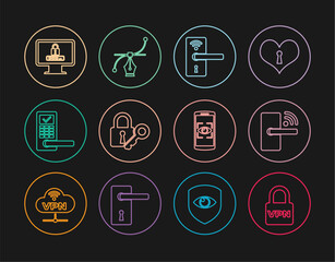 Set line Lock VPN, Digital door lock with wireless, and key, Monitor password, Mobile eye scan and Bezier curve icon. Vector