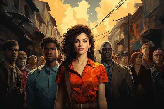 Woman on foreground with gropu of people on demonstration at background, looking at camera