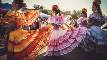 Naklejka premium Colorful skirts fly during traditional Mexican dancing. 