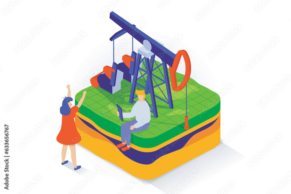 Aufkleber oil industry concept in 3d isometric design. people work at petroleum factory by derrick and machine