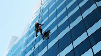 Industrial climber cleaning the glassy wall. 