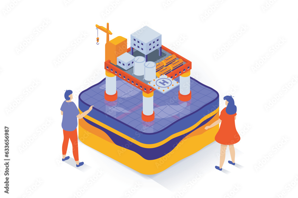 Aufkleber Oil industry concept in 3d isometric design. People work at petroleum platform with machinery infrastructure for fuel production and storage. Vector illustration with isometry scene for web graphic