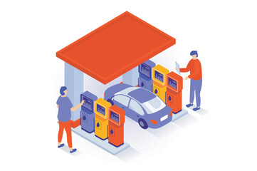 Obraz na płótnie Canvas Oil industry concept in 3d isometric design. People refueling car at petrol filling station, gaz or benzine for automobile refilling service. Vector illustration with isometry scene for web graphic