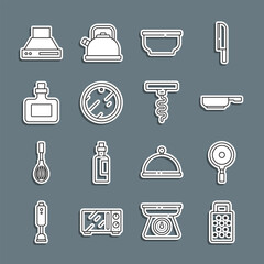 Set line Grater, Frying pan, Bowl, Cutting board, Sauce bottle, Kitchen extractor fan and Wine corkscrew icon. Vector