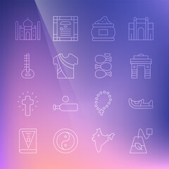 Set line Tea bag, Indian shoes, Gate in Delhi, spice, man dress, Sitar, Taj Mahal and Tandoori chicken icon. Vector