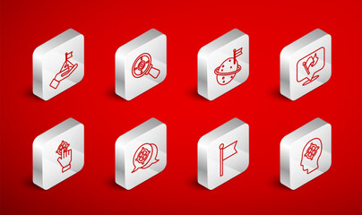 Set line Head hunting, Target with magnifying glass, Moon flag, Flag, Mountains, and icon. Vector