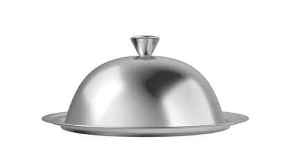 Stainless steel restaurant cloche. Isolated. Cover dome with plate. 3d illustration.