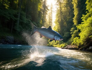 Fototapeta premium Salmon jumping against the current in a beautiful forest.generative AI