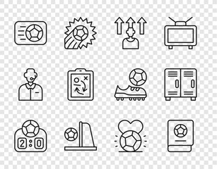 Set line Sport mechanical scoreboard, Football learning book, soccer player, goal with, Soccer football, Planning strategy concept, and Locker changing room icon. Vector