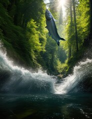 Salmon jumping against the current in a beautiful forest.generative AI