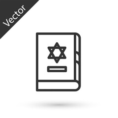 Grey line Jewish torah book icon isolated on white background. On the cover of the Bible is the image of the Star of David. Vector Illustration