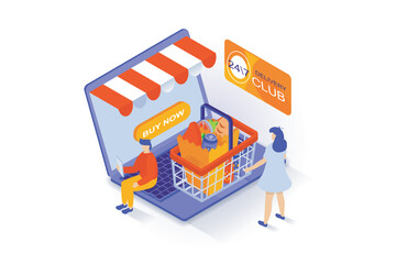 Online shopping concept in 3d isometric design. People ordering food in supermarket or grocery store webpage with delivery and pay credit card. Vector illustration with isometry scene for web graphic