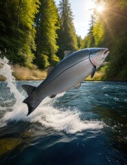 Obraz premium Salmon jumping against the current in a beautiful forest.generative AI