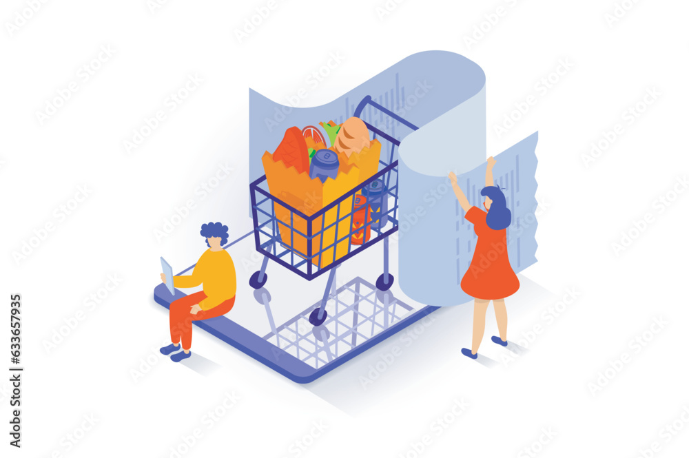 Poster online shopping concept in 3d isometric design. people making order of food in supermarket webpage, 