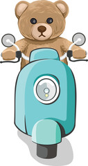 Teddy bear doll riding on scooter vector illustration, transparent background